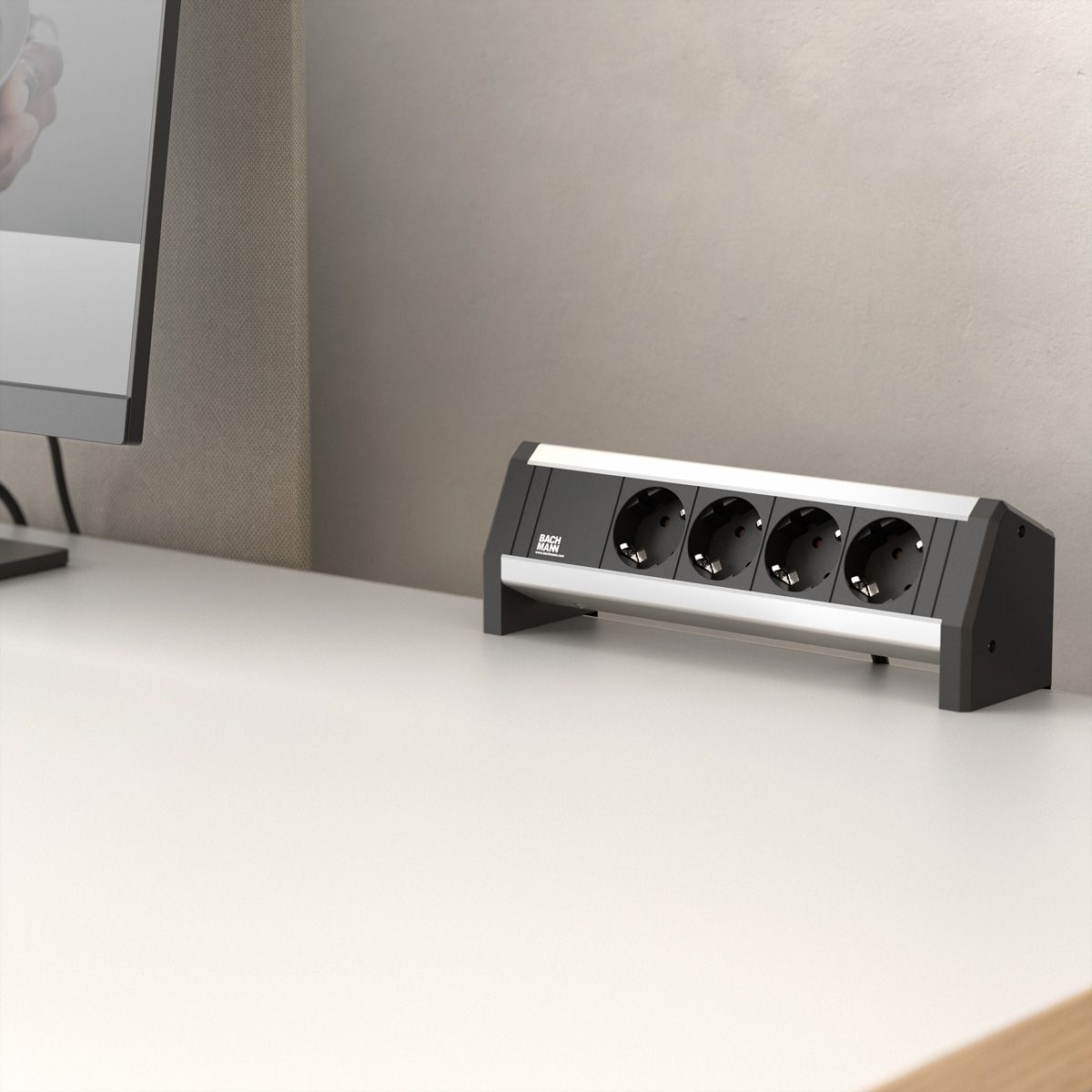 DESK 4x geaard contact met vaste aansluitkabel, zwart, 3 m