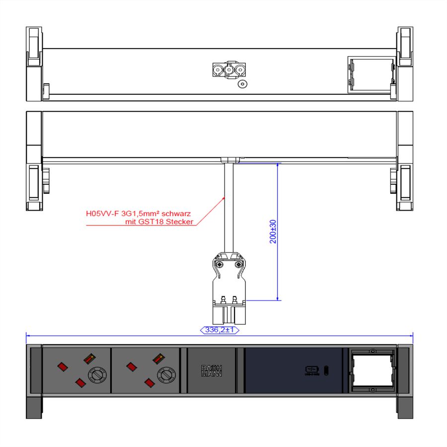 BACHMANN DESK2 2xUK 1xUSB C 60W 1xCM, 0,2m GST18 INOX Verenigd Koninkrijk