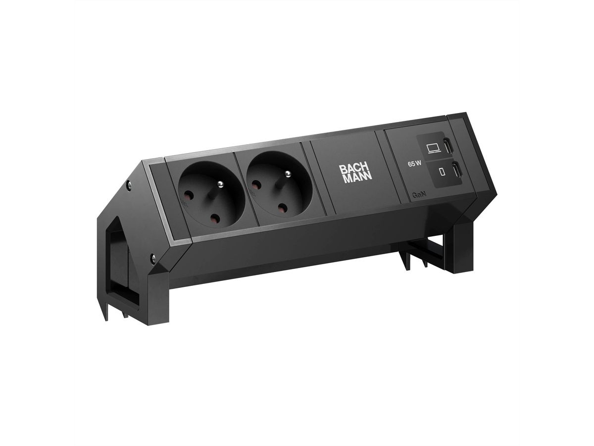 BACHMANN DESK2 2xUTE 1xUSB C/C 65W, L=0,2m RAL9005