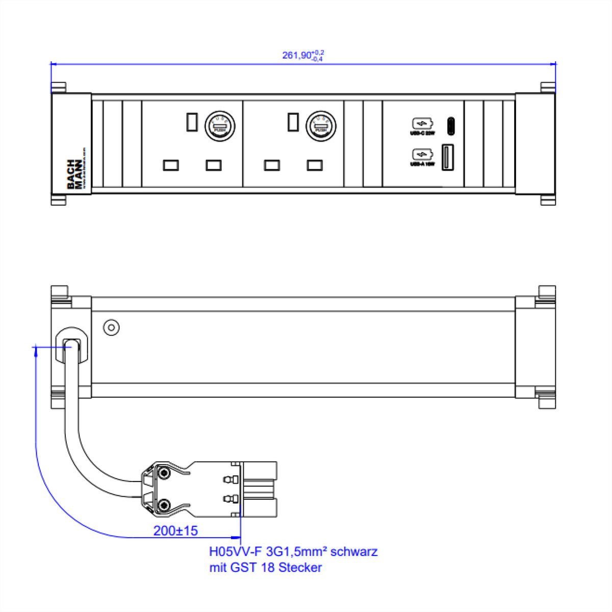 BACHMANN POWER FRAME M 2xUK, 1xUSB A&C22WCharger GST18 United Kingdom