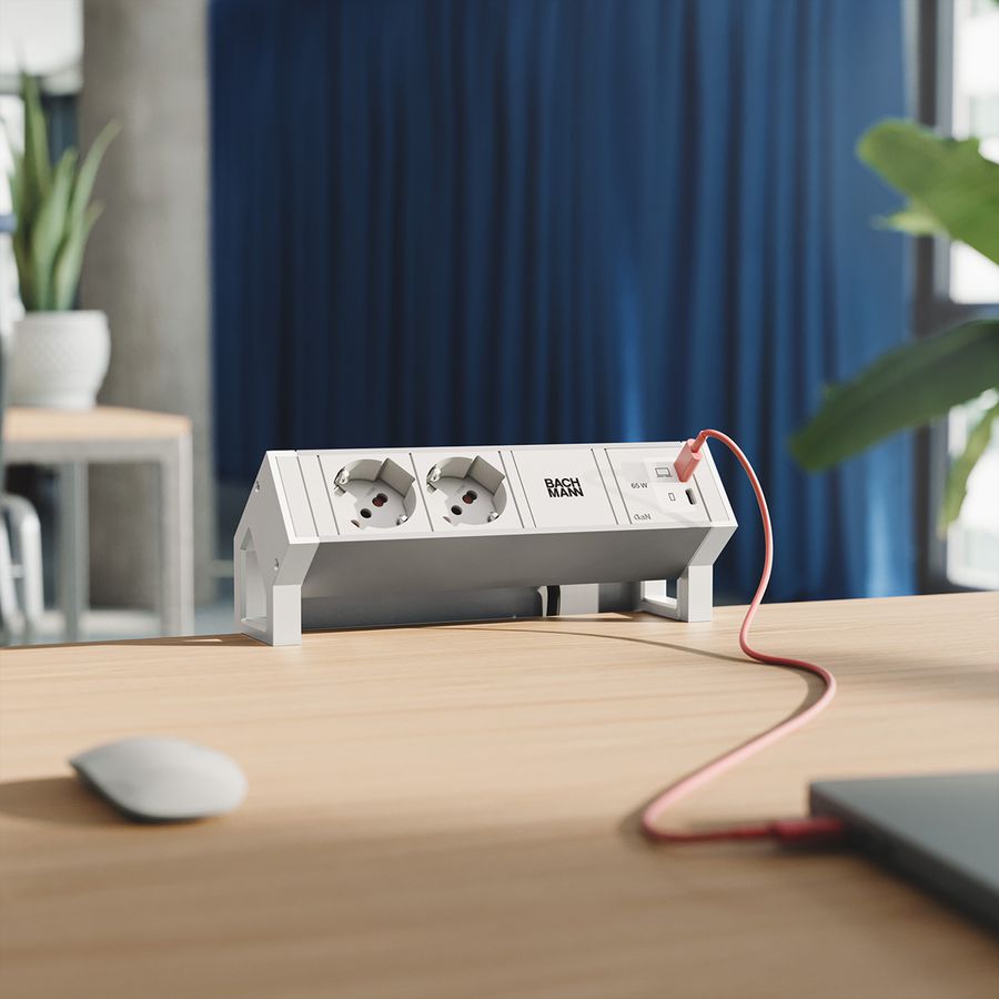 BACHMANN DESK2 ALU WHITE 2xP40, 1x USB-C 65W, L=0.2m, RAL9010