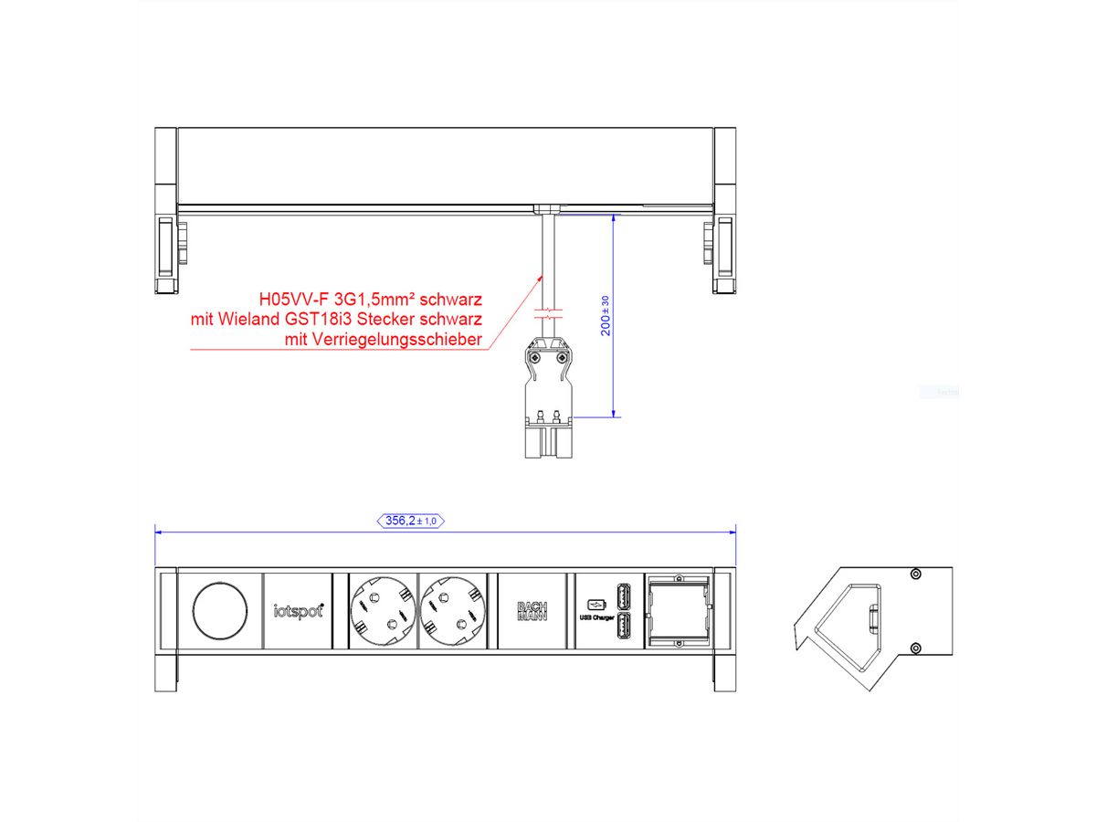 BACHMANN DESK2 1xIOTspot 2xprotective contact, USB Charger 1xABD 0.2m GST18, inox