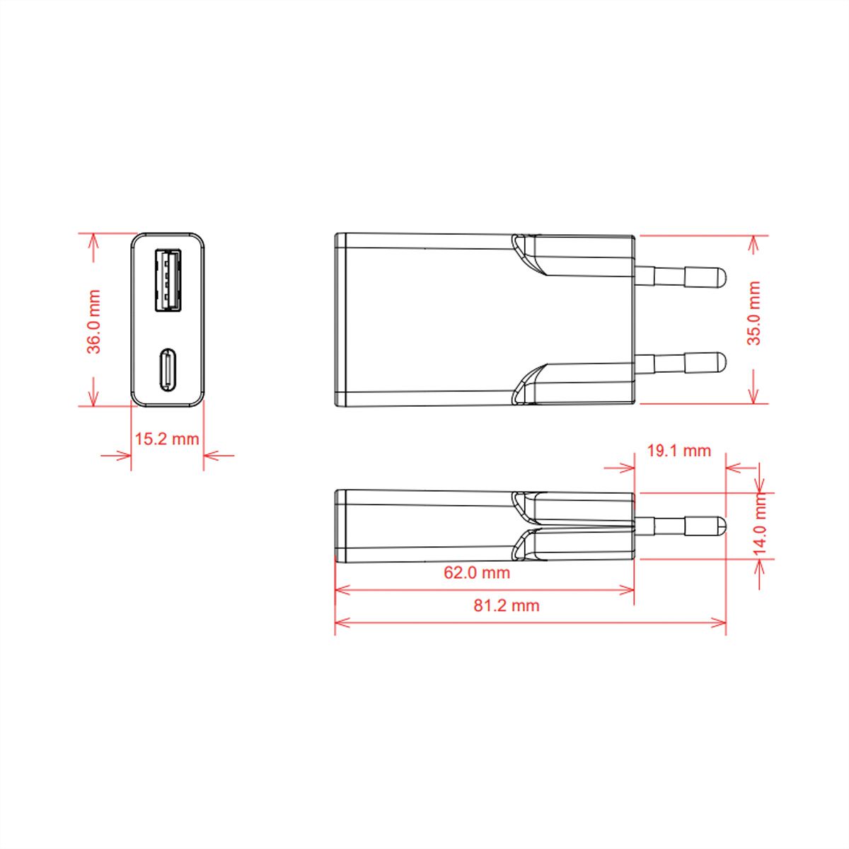VALUE USB-oplader met Eurostekker, 2 poorten type A+C  , 20W