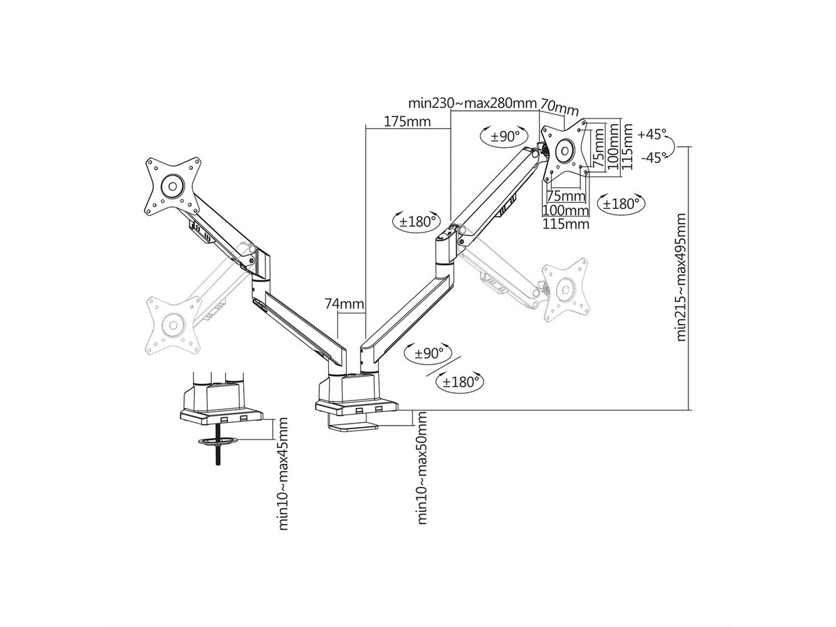 ROLINE Dual LCD Monitor Stand Pneumatic, Desk Clamp, Pivot, 2 Joints, silver