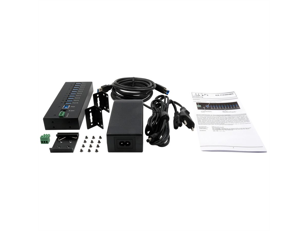 EXSYS EX-11230HMS 10-poorts USB 3.2 Gen 1 HUB Din-Rail Kit en wand VIA VL811+ Chipset
