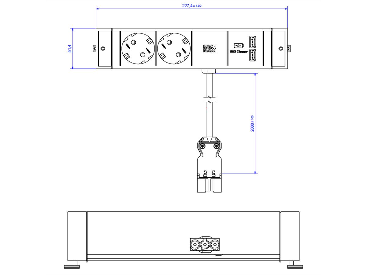 BACHMANN DESK RAIL 2x Geaard stopcontact 1x USB Oplader