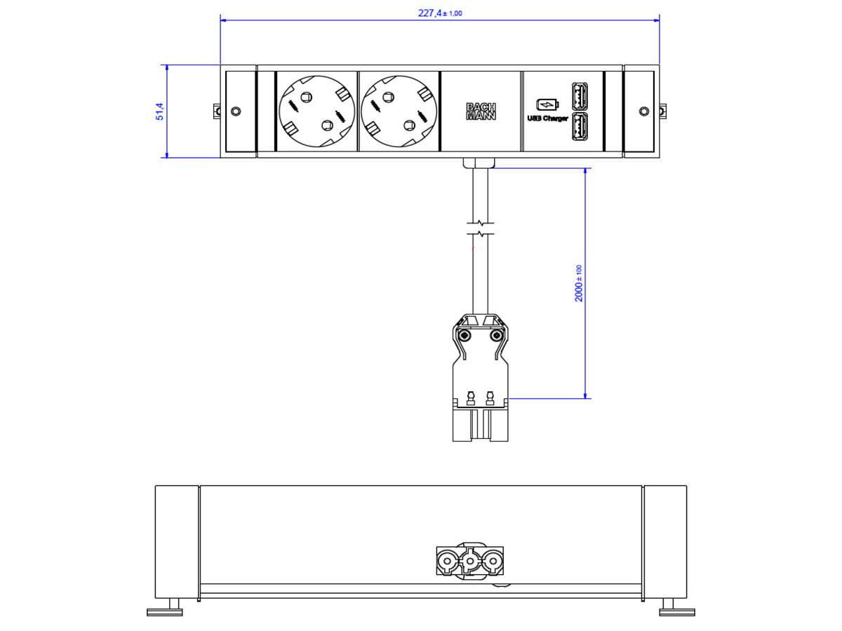 BACHMANN DESK RAIL 2x earthing contact 1x USB Charger