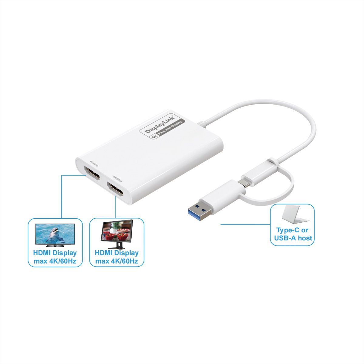 ROLINE Multi-DisplayLink Adapter USB Type A+C - 2x HDMI, Multi-Stream 4K