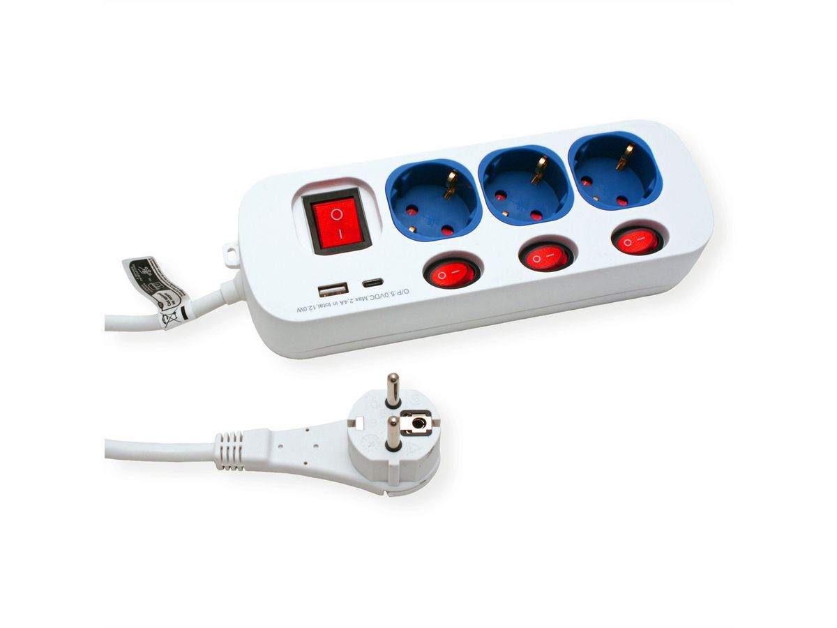 ROLINE Power Strip, 3-way, with individual on/off switches, 1x USB A, 1x USB C, 3 m