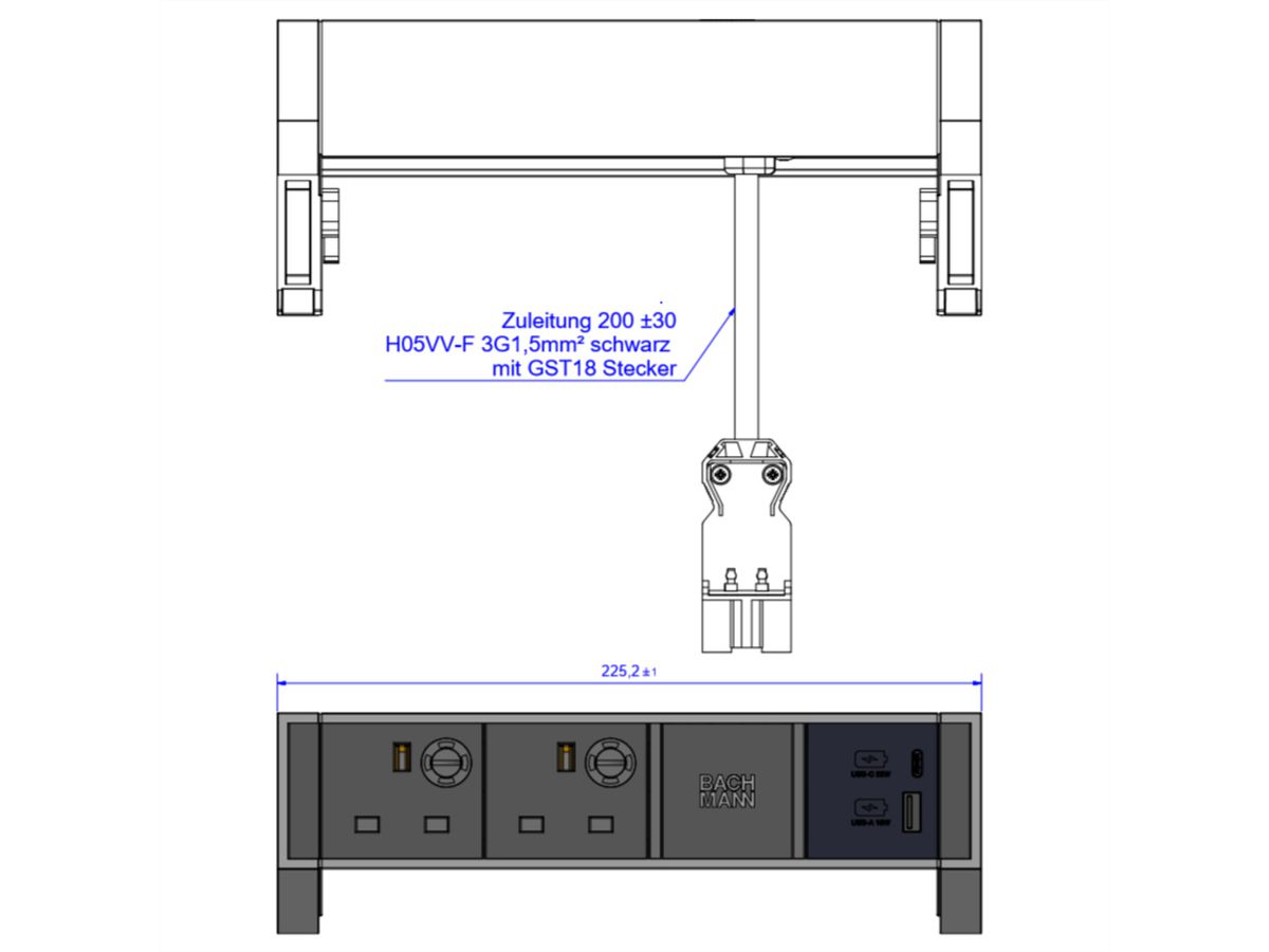 BACHMANN DESK2 2xUK 1xUSB A/C 22W, 0.2m GST18 INOX United Kingdom