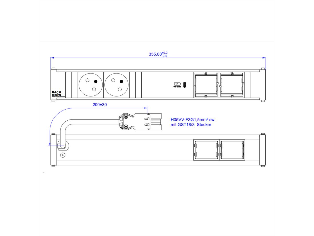 BACHMANN CONI 2xUTE 1xUSB C 60W 2xCM 0.2m GST18