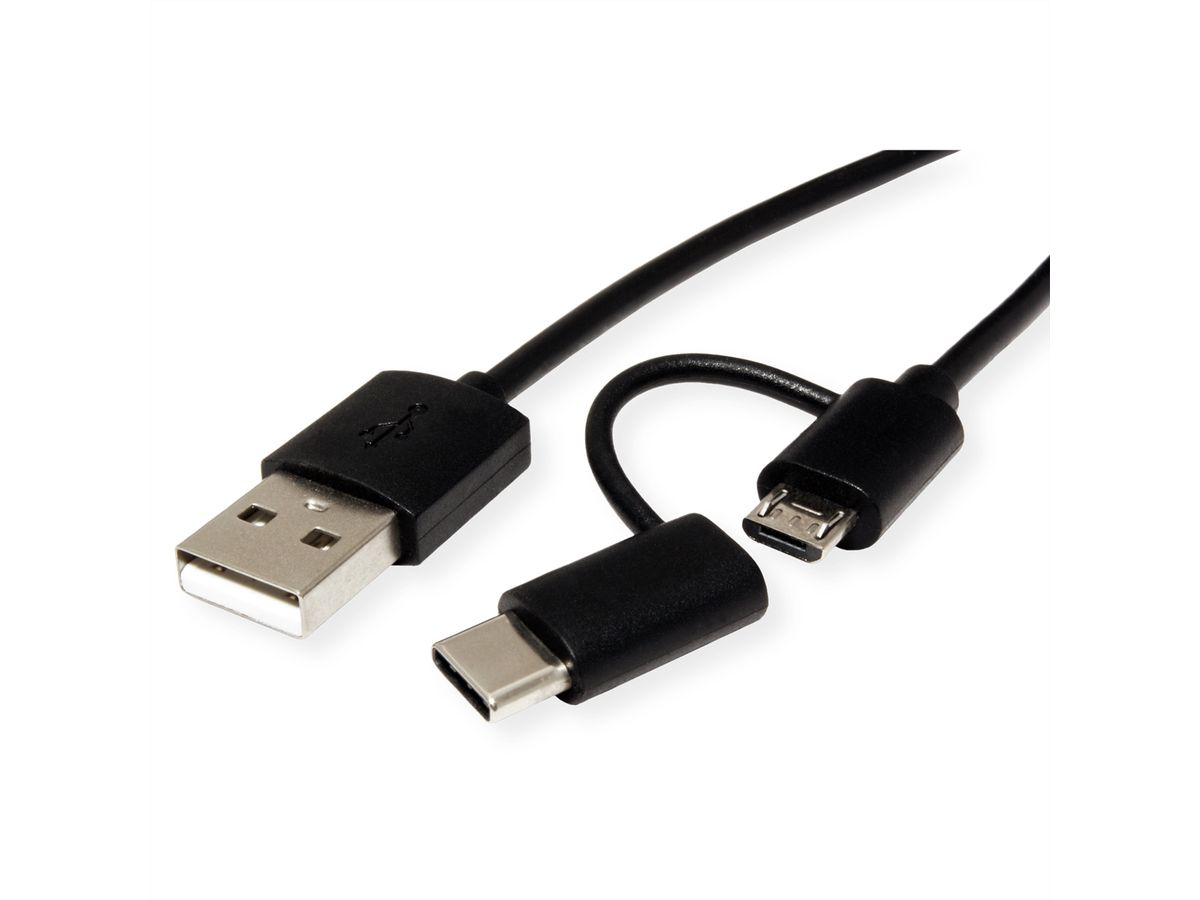 ROLINE Kabel USB Micro B + Typ C M/M to USB2.0 A M, OTG, zwart, 1 m