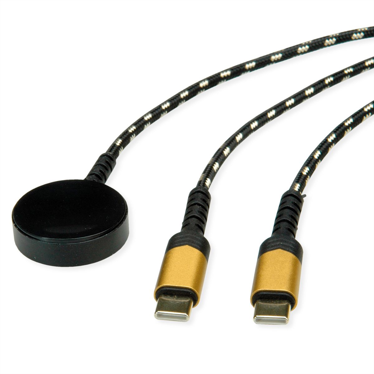 ROLINE USB-split-oplaadkabel, tot 60 W + oplaadpad (tot 15 W), voor Samsung-apparaten, type C - C, zwart / goud, 1,2 m