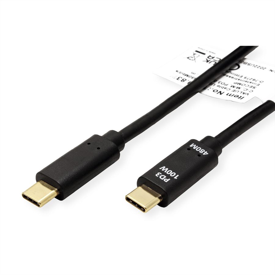 VALUE USB 2.0 Kabel, C–C, M/M, 100W, zwart, 2 m