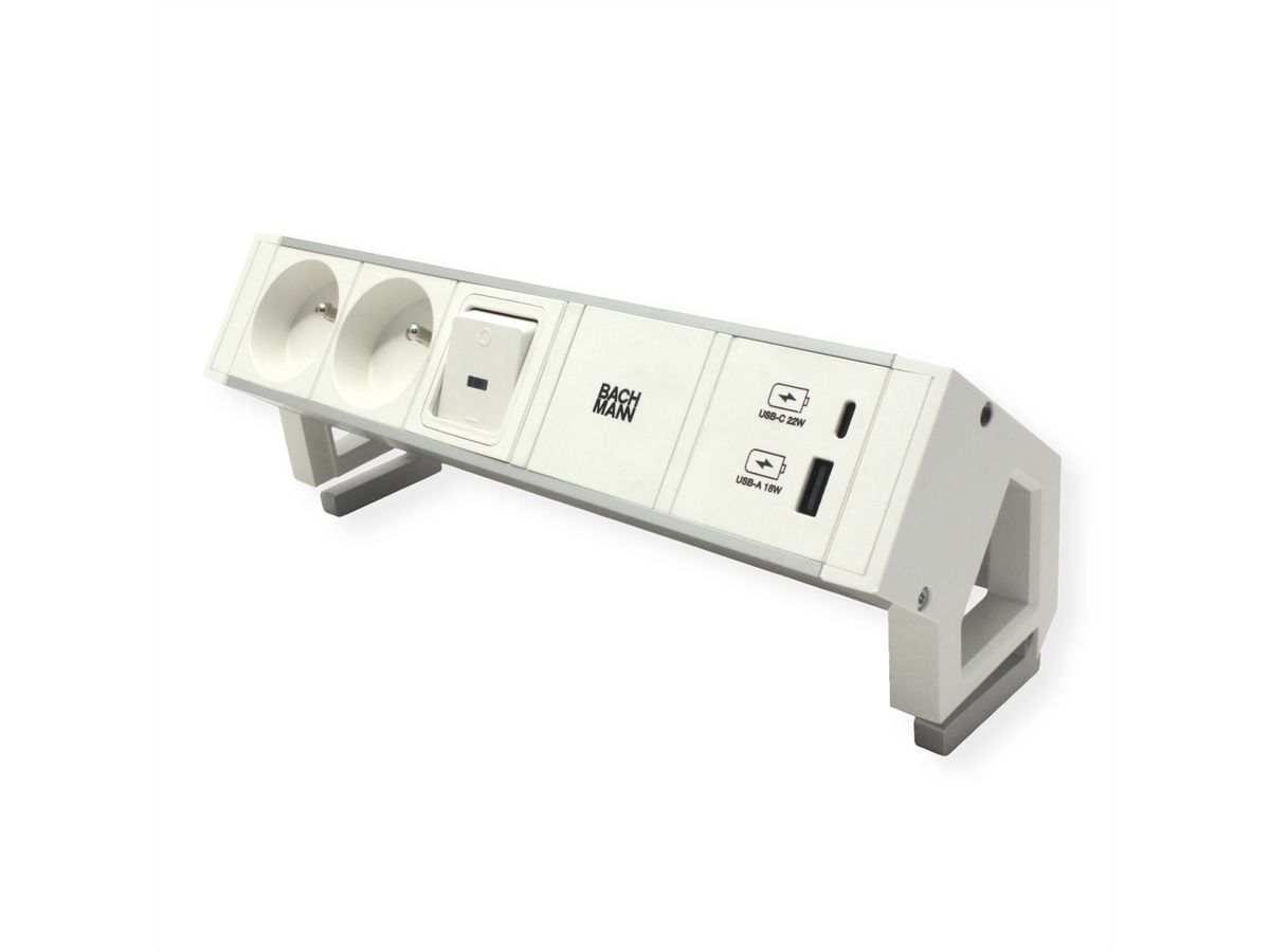 BACHMANN DESK2 ALU WHITE 2xUTE 1xUSB A/C 22W 1xswitch 0.2m