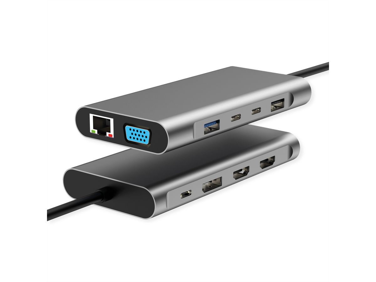 VALUE Dockingstation Type C, 1x HDMI 4K60, 1x HDMI 4K30, 1x DP 4K60, 1x VGA 1080P, 1x Gigabit Ethernet, 2x USB 3.2 Gen1 (C), 1x USB 3.2 Gen1 (A), 1x USB 2.0 (A), 1x Type C PD (Power Delivery)