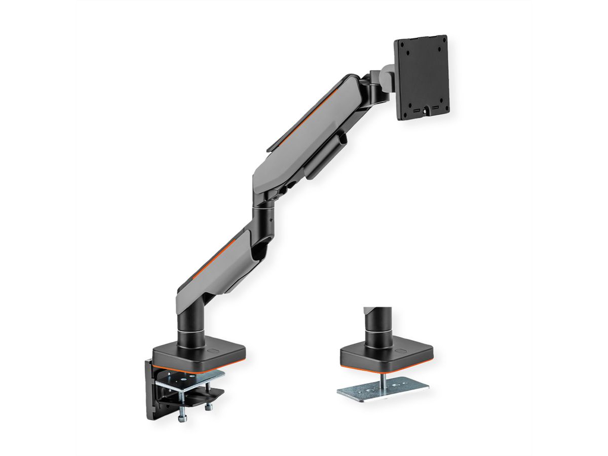 ROLINE Single LCD Monitor Stand, Gas Spring, Desk Clamp, < 124 cm (49"), Heavy Duty <= 20 kg, 5 Joints