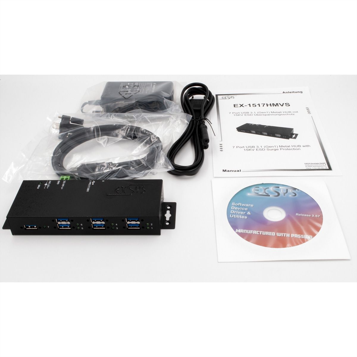 EXSYS EX-1517HMVS 7 Port Managed USB 3.2 Gen1 Metall HUB mit 15KV EDS Überspannungs-Schutz